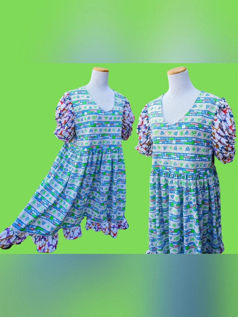 Handmade, upcycled retro, groovy patterned fabric dress Size L - Picture 6 of 8